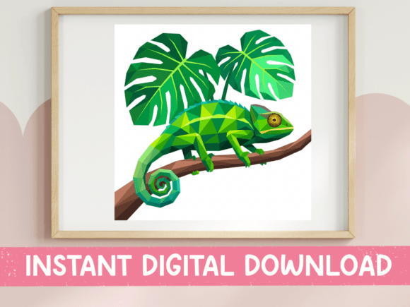 Low Poly Chameleon Tropical Leaf Design Graphics